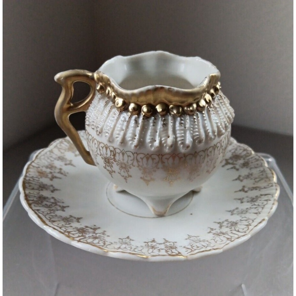 Antique Gold Gilt Mini Demitasse Cup & Saucer Set Footed China Ruffled 3D Dainty